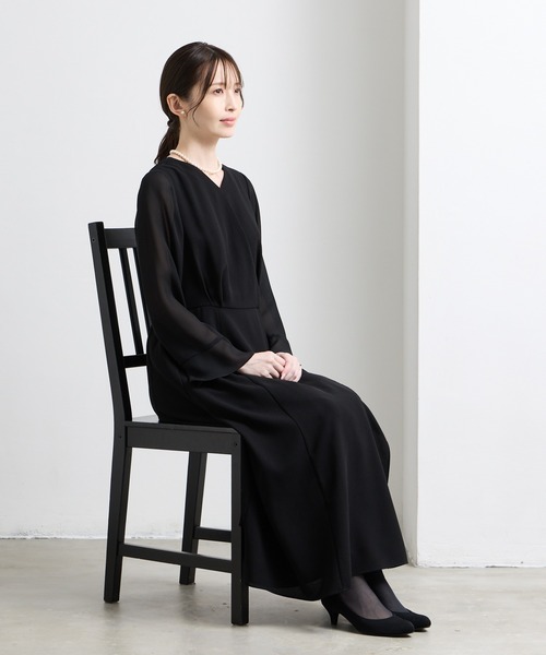 喪服・礼服・WEB限定】ウォッシャブル Vネック前開きAラインブラック