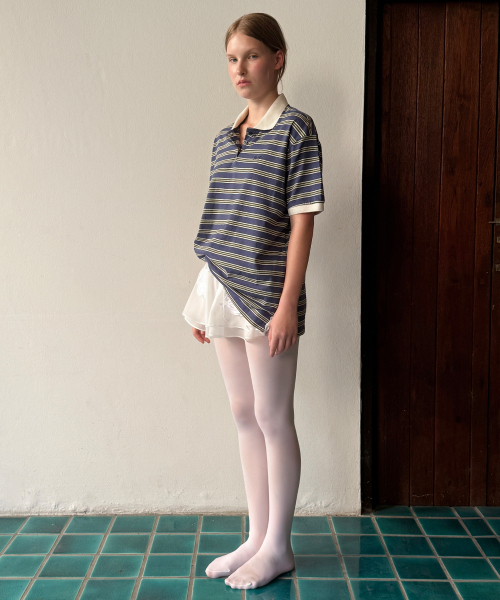 SINOON（シヌーン）の「Stripe Half Sleeve PK Shirt (Blue)（ポロシャツ・レディース・ブルー・FREE）」の2枚目の写真