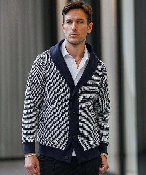 SOMEDIFF（サムディフ）の「【SOEMDIFF】ワッフルショールカラーカーディガン メンズ ショール襟 ホワイト ネイビー ブラック 春服 冬服（カーディガン/ボレロ・メンズ・ホワイト×ネイビー/ホワイト/ブラック・M/L/XL）」の8枚目の写真