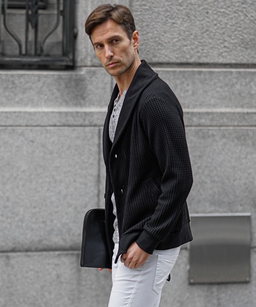 SOMEDIFF（サムディフ）の「【SOEMDIFF】ワッフルショールカラーカーディガン メンズ ショール襟 ホワイト ネイビー ブラック 春服 冬服（カーディガン/ボレロ・メンズ・ホワイト×ネイビー/ホワイト/ブラック・M/L/XL）」の12枚目の写真