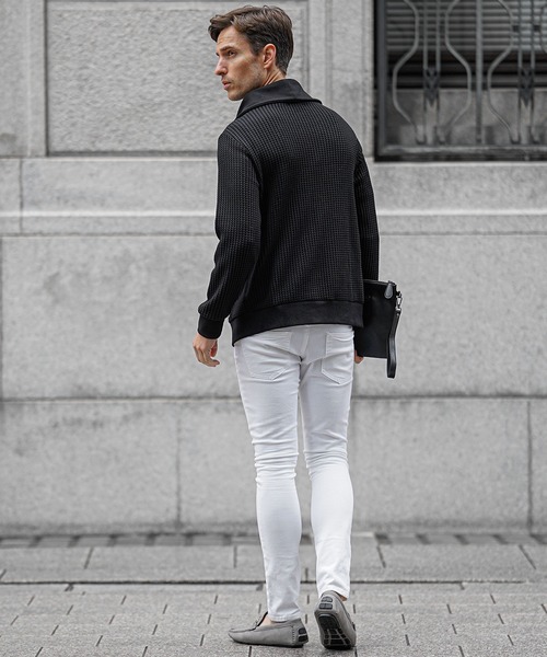 SOMEDIFF（サムディフ）の「【SOEMDIFF】ワッフルショールカラーカーディガン メンズ ショール襟 ホワイト ネイビー ブラック 春服 冬服（カーディガン/ボレロ・メンズ・ホワイト×ネイビー/ホワイト/ブラック・M/L/XL）」の13枚目の写真