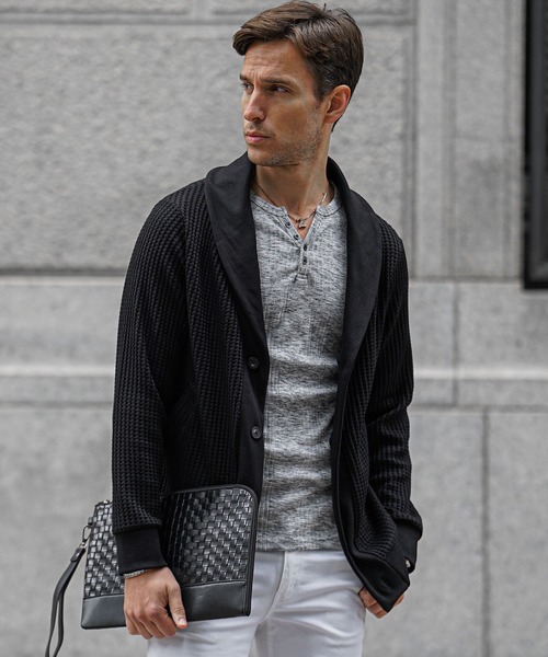 SOMEDIFF（サムディフ）の「【SOEMDIFF】ワッフルショールカラーカーディガン メンズ ショール襟 ホワイト ネイビー ブラック 春服 冬服（カーディガン/ボレロ・メンズ・ホワイト×ネイビー/ホワイト/ブラック・M/L/XL）」の14枚目の写真