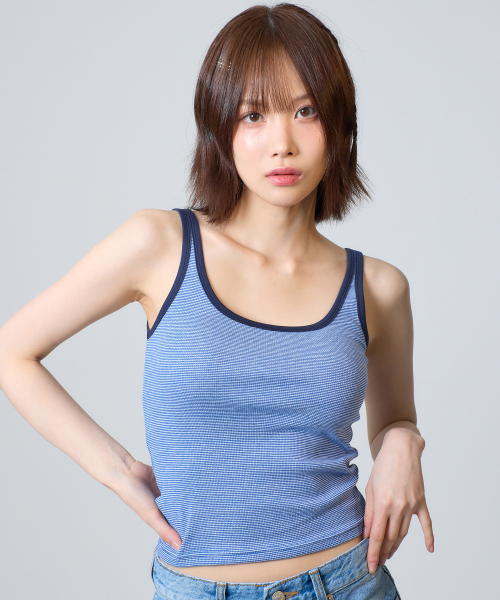 UNKNOWN PLANET(アンノウンプラネット)の「ストライプノースリーブトップ ネイビー(Tシャツ/カットソー・レディース・その他・FREE)」の1枚目の写真