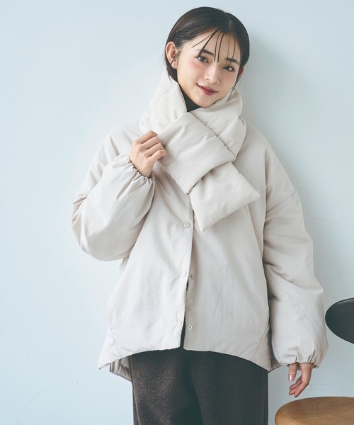 マフラー付き ノーカラー 中綿ジャケット 【585134】