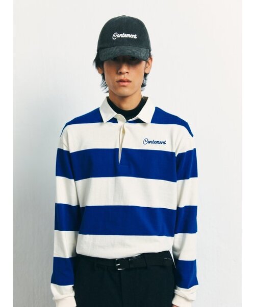 CONTEMENT(コンテメント)の「TWO COLOR STRIPE POLO T-SHIRT(ポロシャツ・メンズ・ブルー・LARGE/X-LARGE)」の2枚目の写真