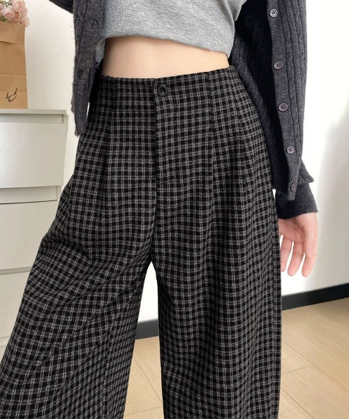 Miniministore(ミニミニストア)の「チェック柄ワイドパンツハイウエスト 秋冬(スラックス・レディース・ホワイト/ブラウン/ダークグレー・L/M)」の3枚目の写真