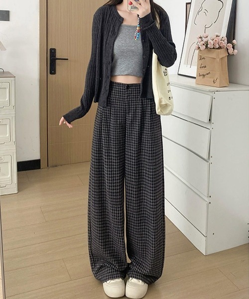 Miniministore(ミニミニストア)の「チェック柄ワイドパンツハイウエスト 秋冬(スラックス・レディース・ホワイト/ブラウン/ダークグレー・L/M)」の20枚目の写真