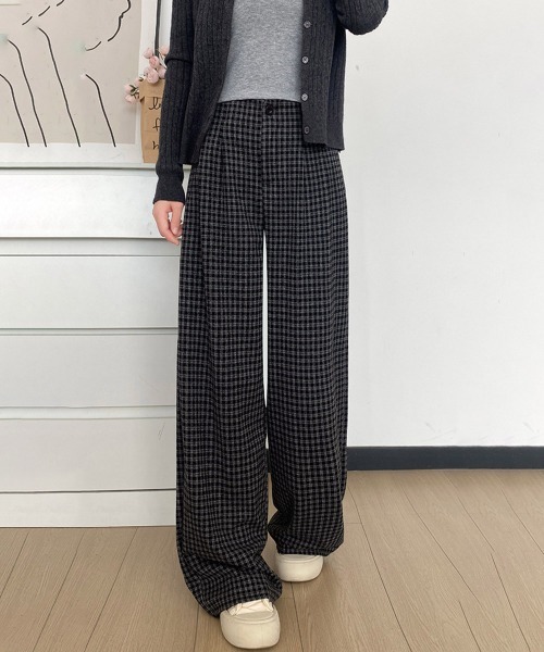Miniministore(ミニミニストア)の「チェック柄ワイドパンツハイウエスト 秋冬(スラックス・レディース・ホワイト/ブラウン/ダークグレー・L/M)」の13枚目の写真