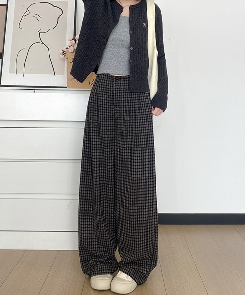 Miniministore(ミニミニストア)の「チェック柄ワイドパンツハイウエスト 秋冬(スラックス・レディース・ホワイト/ブラウン/ダークグレー・L/M)」の14枚目の写真