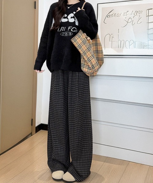 Miniministore(ミニミニストア)の「チェック柄ワイドパンツハイウエスト 秋冬(スラックス・レディース・ホワイト/ブラウン/ダークグレー・L/M)」の15枚目の写真