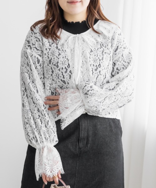 CLETTE(クレット)の「CLETTEオリジナルリボンタイスカラップレースブラウス(シャツ/ブラウス・レディース・ブラック/ホワイト・4L/3L/LL)」の5枚目の写真
