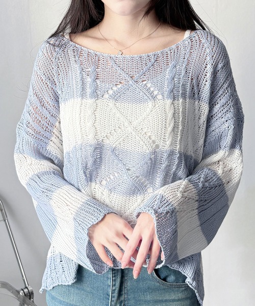 Dewlily(デューリリー)の「抜け感をつくるざっくり編みデザイン ワイドボーダールーズニットトップス(ニット/セーター・レディース・ブラック/ブルー/ブラウン/ピンク・FREE)」の5枚目の写真