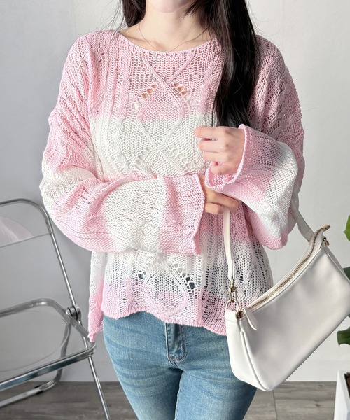 Dewlily(デューリリー)の「抜け感をつくるざっくり編みデザイン ワイドボーダールーズニットトップス(ニット/セーター・レディース・ブラック/ブルー/ブラウン/ピンク・FREE)」の12枚目の写真