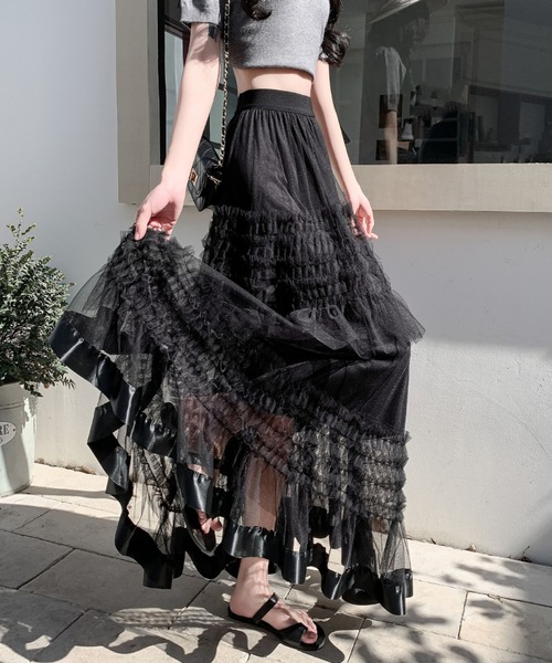 Mejoul（メジュール）の「【2026春夏新作】シアーフリル ティアードボリュームチュールロングスカート（スカート・レディース・ホワイト/ブラック・F）」の2枚目の写真