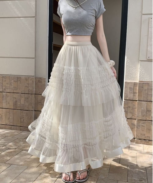 Mejoul（メジュール）の「【2026春夏新作】シアーフリル ティアードボリュームチュールロングスカート（スカート・レディース・ホワイト/ブラック・F）」の5枚目の写真