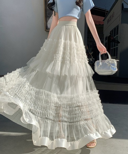Mejoul（メジュール）の「【2026春夏新作】シアーフリル ティアードボリュームチュールロングスカート（スカート・レディース・ホワイト/ブラック・F）」の15枚目の写真