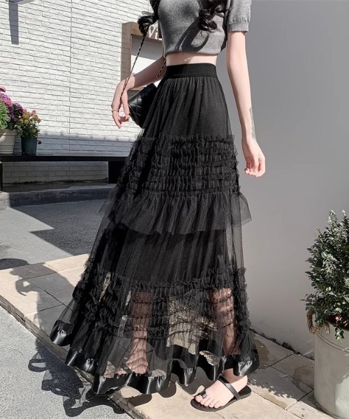 Mejoul（メジュール）の「【2026春夏新作】シアーフリル ティアードボリュームチュールロングスカート（スカート・レディース・ホワイト/ブラック・F）」の8枚目の写真