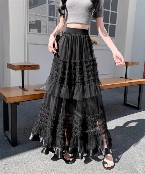 Mejoul（メジュール）の「【2026春夏新作】シアーフリル ティアードボリュームチュールロングスカート（スカート・レディース・ホワイト/ブラック・F）」の9枚目の写真