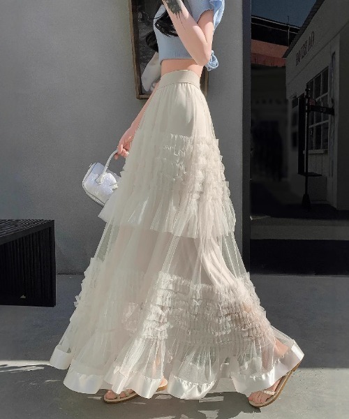 Mejoul（メジュール）の「【2026春夏新作】シアーフリル ティアードボリュームチュールロングスカート（スカート・レディース・ホワイト/ブラック・F）」の17枚目の写真