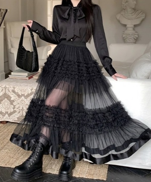 Mejoul（メジュール）の「【2026春夏新作】シアーフリル ティアードボリュームチュールロングスカート（スカート・レディース・ホワイト/ブラック・F）」の13枚目の写真