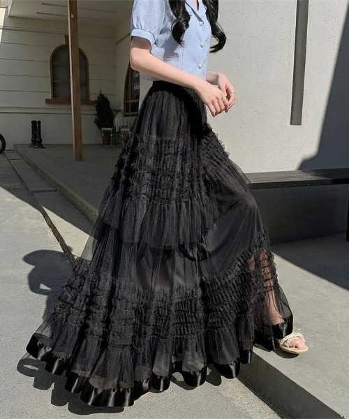 Mejoul（メジュール）の「【2026春夏新作】シアーフリル ティアードボリュームチュールロングスカート（スカート・レディース・ホワイト/ブラック・F）」の11枚目の写真