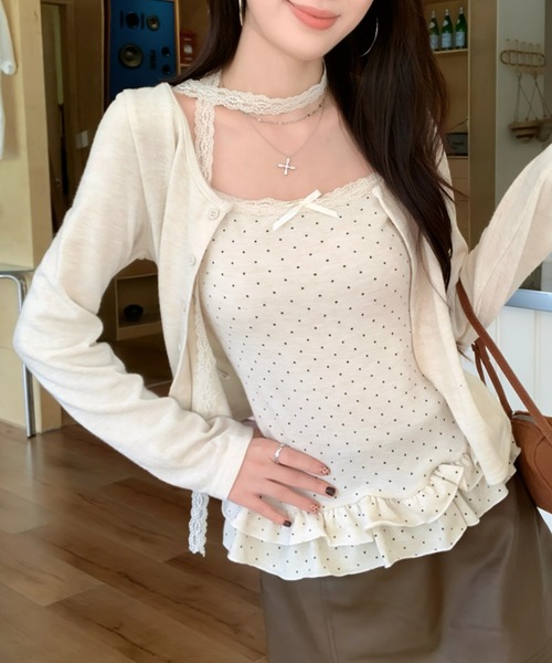 yuue' ( wear )(ユーイ)の「【2点セット】ドット柄フリルキャミ+カーディガンSET/レースストール付き(Tシャツ/カットソー・レディース・チャコールグレー/アイボリー・FREE)」の2枚目の写真