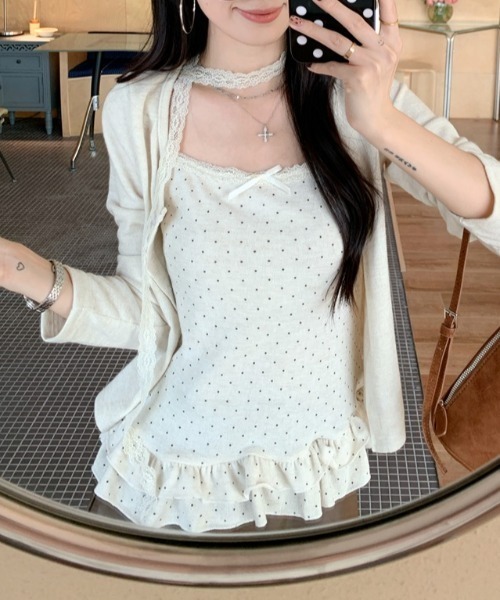 yuue' ( wear )(ユーイ)の「【2点セット】ドット柄フリルキャミ+カーディガンSET/レースストール付き(Tシャツ/カットソー・レディース・チャコールグレー/アイボリー・FREE)」の6枚目の写真
