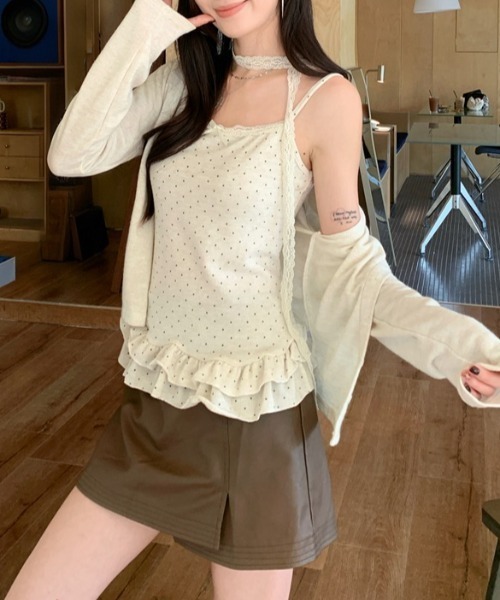 yuue' ( wear )(ユーイ)の「【2点セット】ドット柄フリルキャミ+カーディガンSET/レースストール付き(Tシャツ/カットソー・レディース・チャコールグレー/アイボリー・FREE)」の5枚目の写真