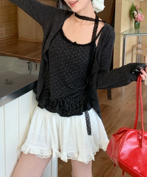 yuue' ( wear )(ユーイ)の「【2点セット】ドット柄フリルキャミ+カーディガンSET/レースストール付き(Tシャツ/カットソー・レディース・チャコールグレー/アイボリー・FREE)」の9枚目の写真