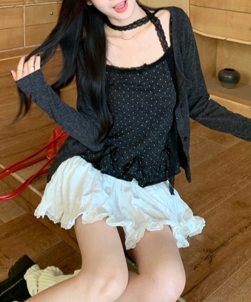 yuue' ( wear )(ユーイ)の「【2点セット】ドット柄フリルキャミ+カーディガンSET/レースストール付き(Tシャツ/カットソー・レディース・チャコールグレー/アイボリー・FREE)」の10枚目の写真