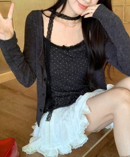 yuue' ( wear )(ユーイ)の「【2点セット】ドット柄フリルキャミ+カーディガンSET/レースストール付き(Tシャツ/カットソー・レディース・チャコールグレー/アイボリー・FREE)」の11枚目の写真