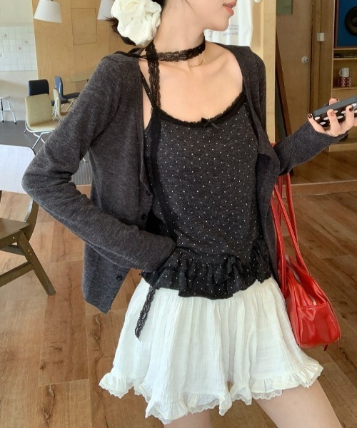 yuue' ( wear )(ユーイ)の「【2点セット】ドット柄フリルキャミ+カーディガンSET/レースストール付き(Tシャツ/カットソー・レディース・チャコールグレー/アイボリー・FREE)」の8枚目の写真
