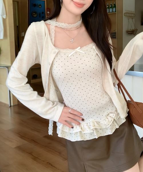 yuue' ( wear )(ユーイ)の「【2点セット】ドット柄フリルキャミ+カーディガンSET/レースストール付き(Tシャツ/カットソー・レディース・チャコールグレー/アイボリー・FREE)」の3枚目の写真