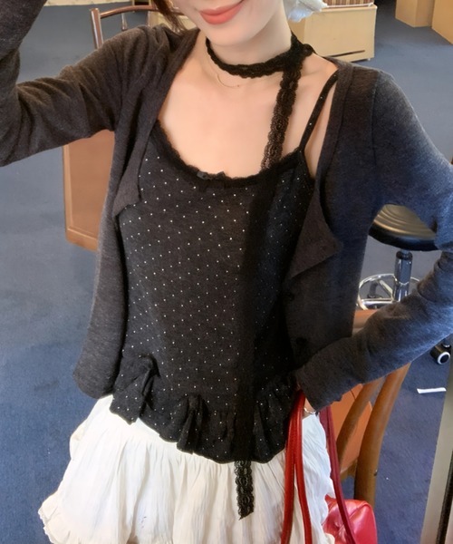 yuue' ( wear )(ユーイ)の「【2点セット】ドット柄フリルキャミ+カーディガンSET/レースストール付き(Tシャツ/カットソー・レディース・チャコールグレー/アイボリー・FREE)」の7枚目の写真