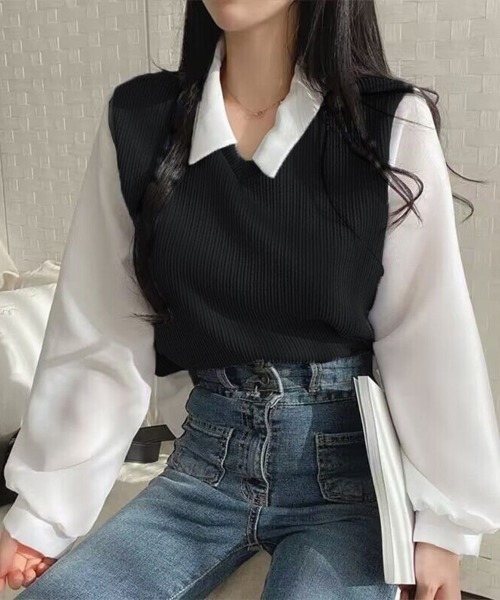 Flugge(フラッジー)の「ベストレイヤード長袖シャツ(シャツ/ブラウス・レディース・ベージュ/ブラック・MEDIUM/LARGE)」の3枚目の写真