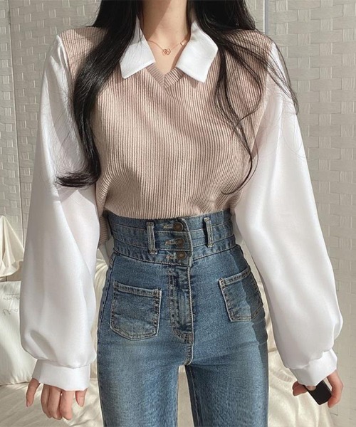 Flugge(フラッジー)の「ベストレイヤード長袖シャツ(シャツ/ブラウス・レディース・ベージュ/ブラック・MEDIUM/LARGE)」の5枚目の写真