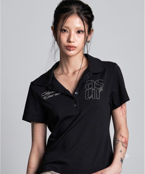 as you are(アズユーアー)の「◇ASYOUARE◇ベーシック ホットフィックス カラー Tシャツ BASIC HOTFIX COLLAR T-SHIRT(ポロシャツ・レディース・ブラック/ホワイト・S)」の1枚目の写真
