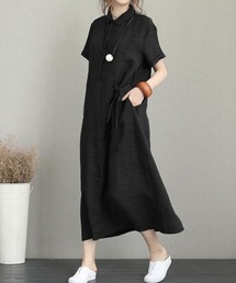 ウエストリボン シャツロングワンピース