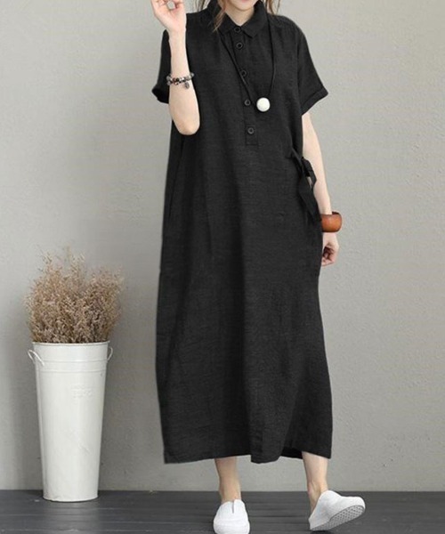 SallyLunn(サリーラン)の「ウエストリボン シャツロングワンピース(シャツワンピース・レディース・ブラック・MEDIUM/LARGE)」の4枚目の写真