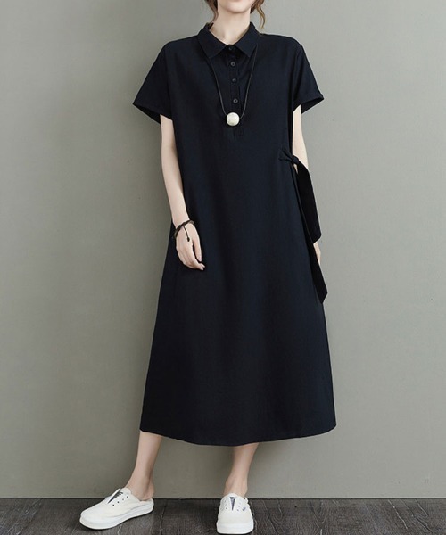 SallyLunn(サリーラン)の「ウエストリボン シャツロングワンピース(シャツワンピース・レディース・ブラック・MEDIUM/LARGE)」の5枚目の写真