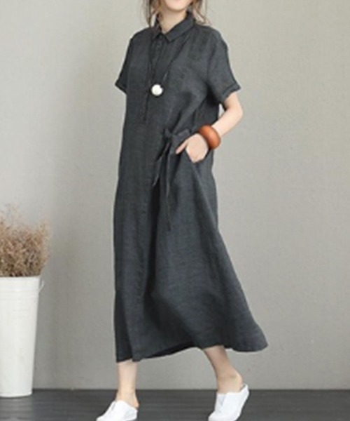 SallyLunn(サリーラン)の「ウエストリボン シャツロングワンピース(シャツワンピース・レディース・ブラック・MEDIUM/LARGE)」の11枚目の写真