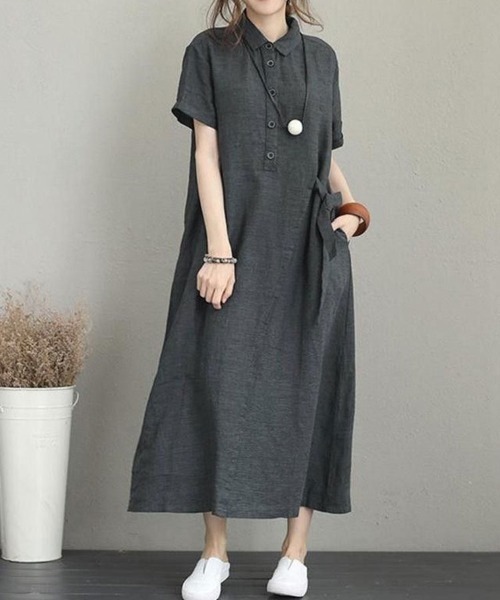 SallyLunn(サリーラン)の「ウエストリボン シャツロングワンピース(シャツワンピース・レディース・ブラック・MEDIUM/LARGE)」の10枚目の写真