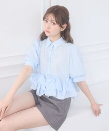 リボンフリルペプラム半袖ブラウス