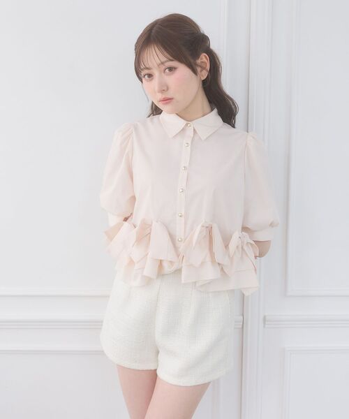 MAJESTIC LEGON（マジェスティックレゴン）の「リボンフリルペプラム半袖ブラウス（シャツ/ブラウス・レディース・ブルー/オフホワイト/ピンク・MEDIUM）」の22枚目の写真