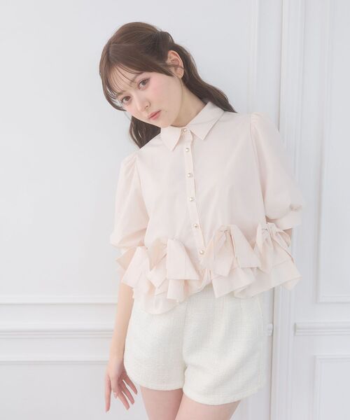 MAJESTIC LEGON（マジェスティックレゴン）の「リボンフリルペプラム半袖ブラウス（シャツ/ブラウス・レディース・ブルー/オフホワイト/ピンク・MEDIUM）」の21枚目の写真