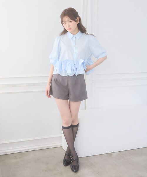 MAJESTIC LEGON（マジェスティックレゴン）の「リボンフリルペプラム半袖ブラウス（シャツ/ブラウス・レディース・ブルー/オフホワイト/ピンク・MEDIUM）」の19枚目の写真