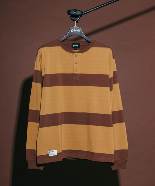 Schott(ショット)の「Schott/ショット/ORIGINAL BORDER HENLEY LS T-SHIRT/オリジナル ボーダーヘンリー ロンT(Tシャツ/カットソー・メンズ・ブラック/ブラウン・XL/L/M/2XL)」の2枚目の写真