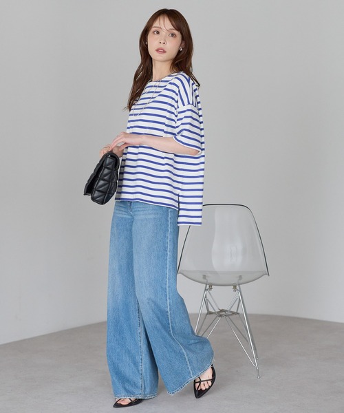 PREFERIR（プレフェリール）の「大人カジュアル きれい見えボーダーT｜ボートネック ゆったり 体型カバー 綿100%（Tシャツ/カットソー・レディース・ブラック/ブルー・FREE）」の2枚目の写真