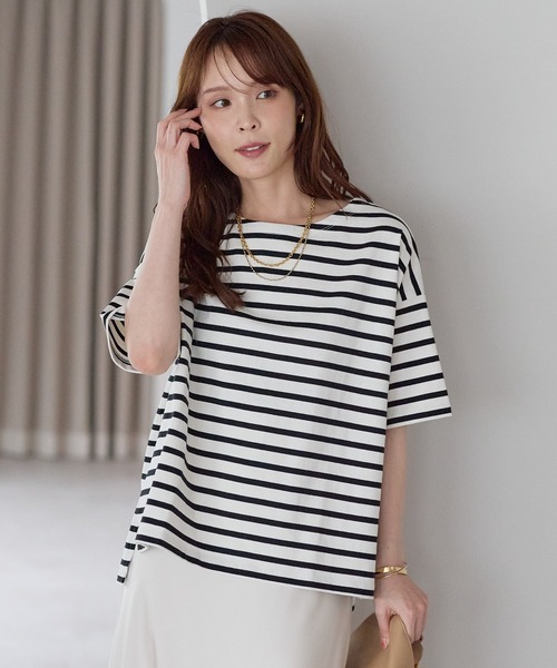 PREFERIR（プレフェリール）の「大人カジュアル きれい見えボーダーT｜ボートネック ゆったり 体型カバー 綿100%（Tシャツ/カットソー・レディース・ブラック/ブルー・FREE）」の3枚目の写真