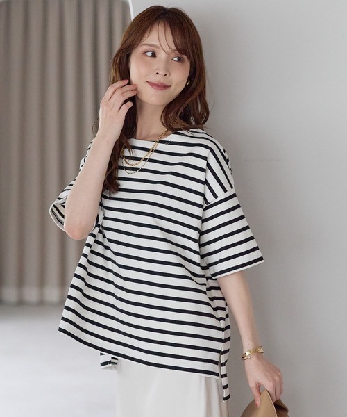PREFERIR（プレフェリール）の「大人カジュアル きれい見えボーダーT｜ボートネック ゆったり 体型カバー 綿100%（Tシャツ/カットソー・レディース・ブラック/ブルー・FREE）」の6枚目の写真